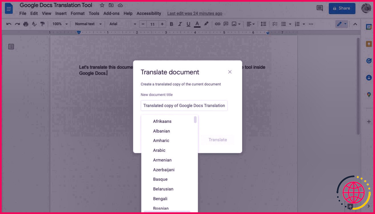 L'image montre l'outil de traduction dans Google Docs