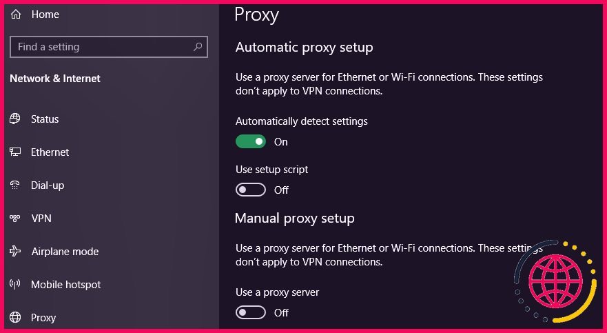 Menu des paramètres proxy de Windows 10