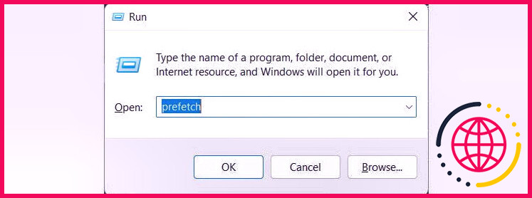 Ouverture du dossier Prefetch à l'aide de Windows Run.