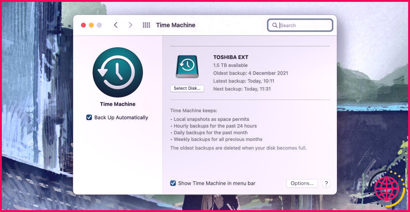 Paramètres Time Machine sur Mac.