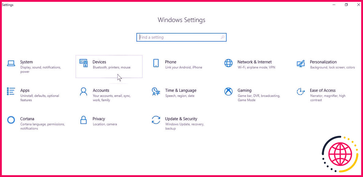 Paramètres Windows ;  dispositifs