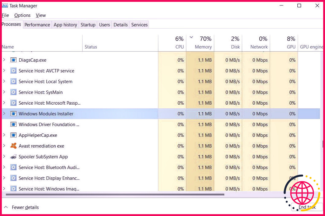 Programme d'installation des modules Windows dans le Gestionnaire des tâches de Windows 11.