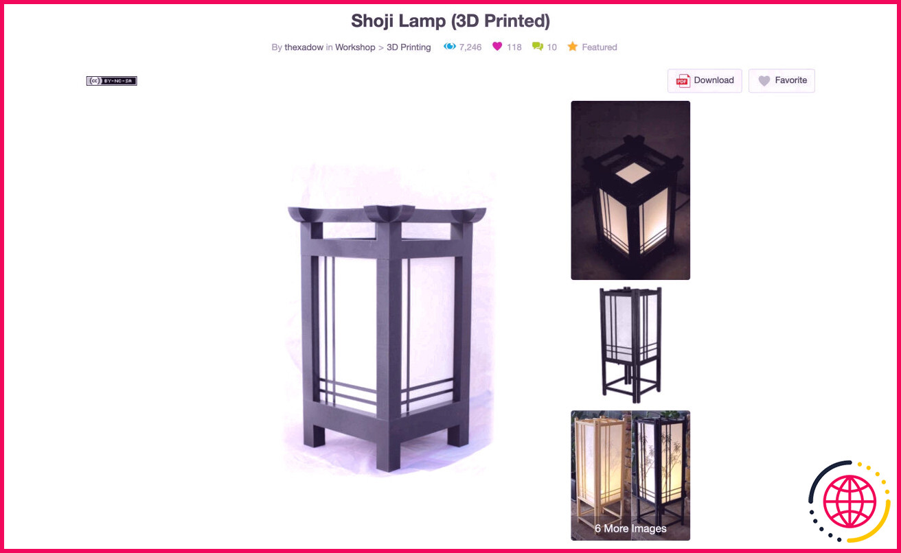 Une capture d'écran montrant une lampe shoji japonaise imprimée en 3D sous différents angles. 