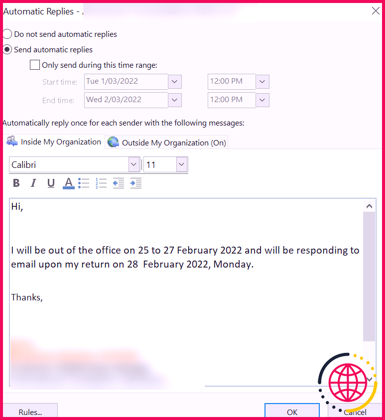 Fenêtre de réponse automatique d'Outlook