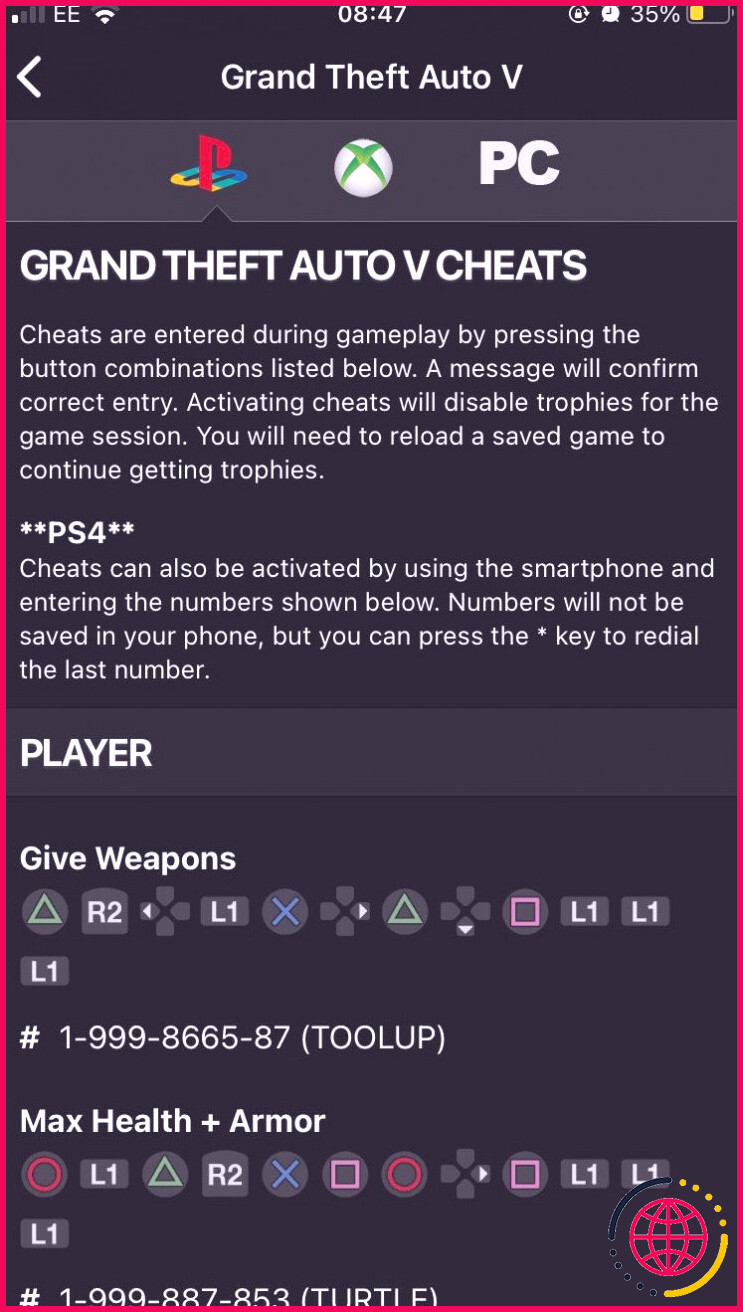 Liste des astuces GTA V sur l'application Cheats for GTA iOS.