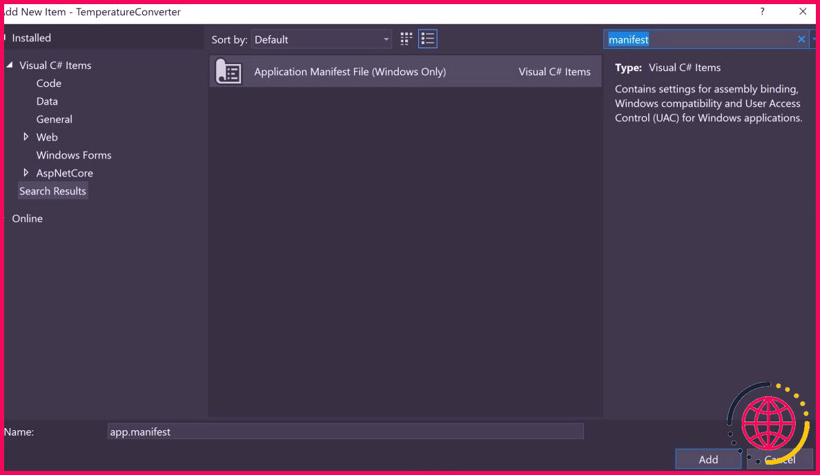 Rechercher et sélectionner le fichier manifeste dans Visual Studio
