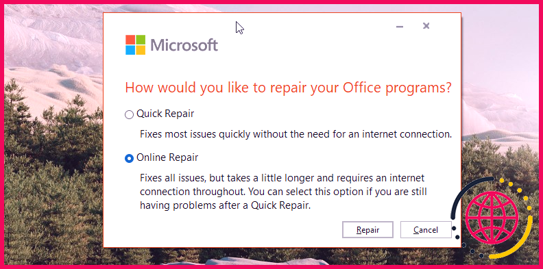 Réparation en ligne de Microsoft office 