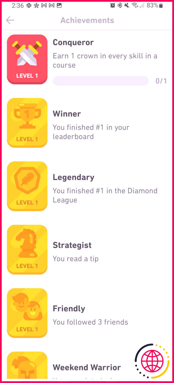 Écran des réalisations de l'application Duolingo