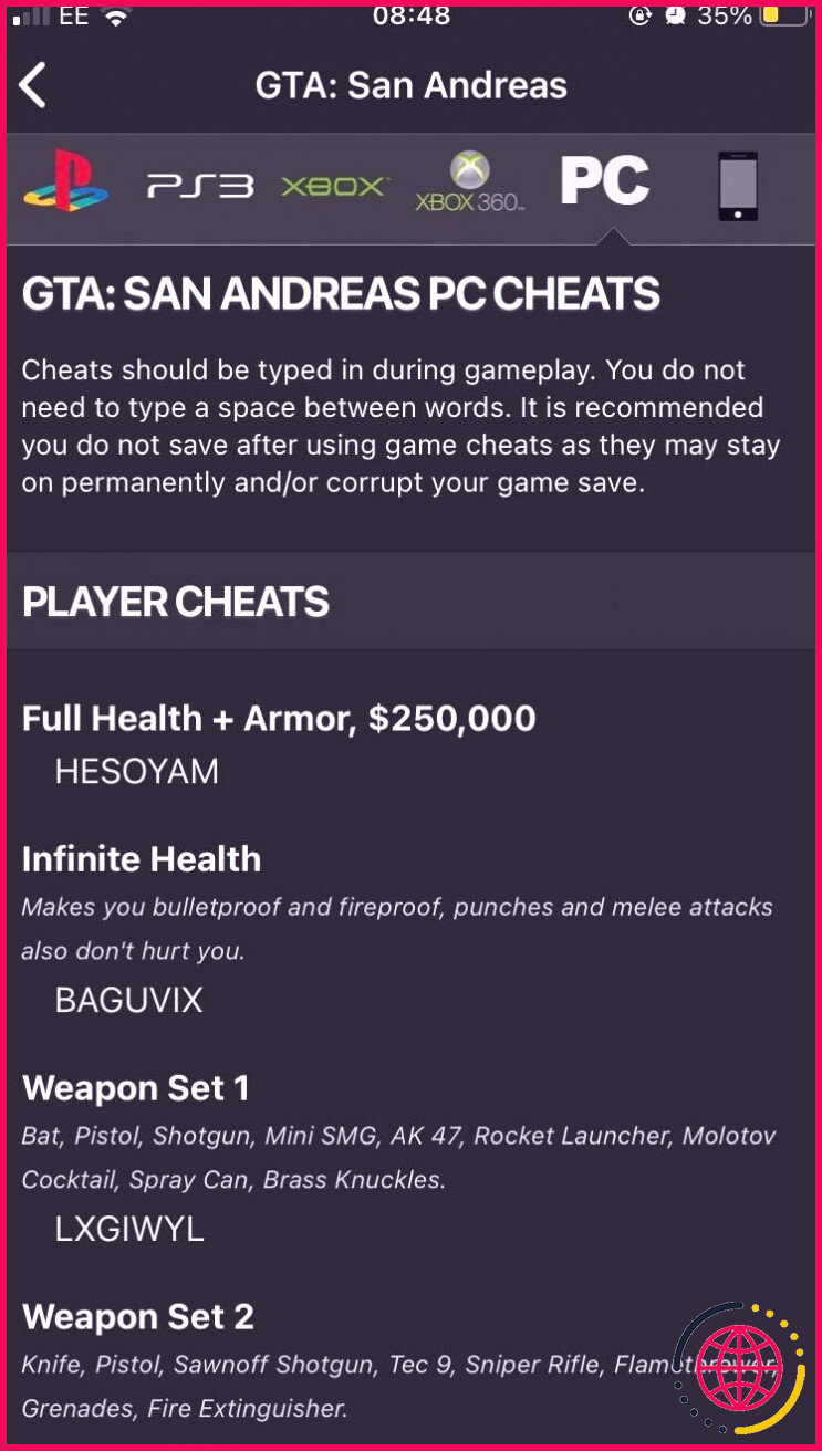 Liste des tricheurs GTA San Andreas PC sur l'application Cheats for GTA iOS.