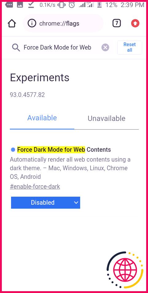 Paramètres du mode sombre de Chrome Force