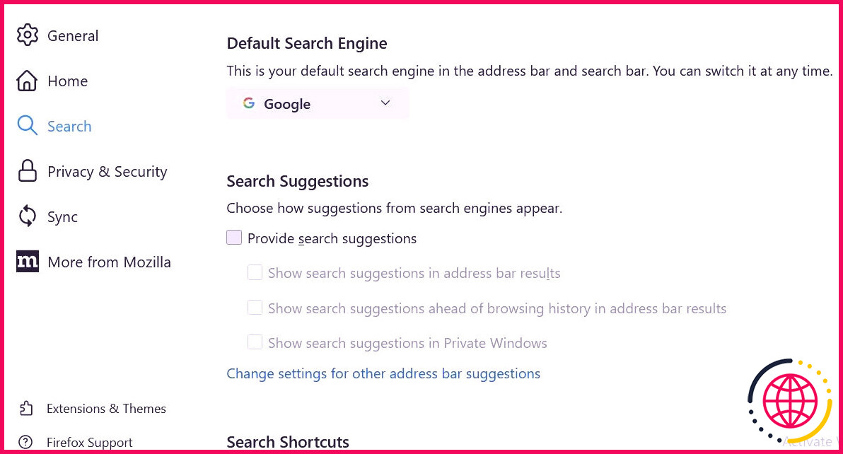 Désactiver les suggestions de recherche dans les paramètres du navigateur Firefox