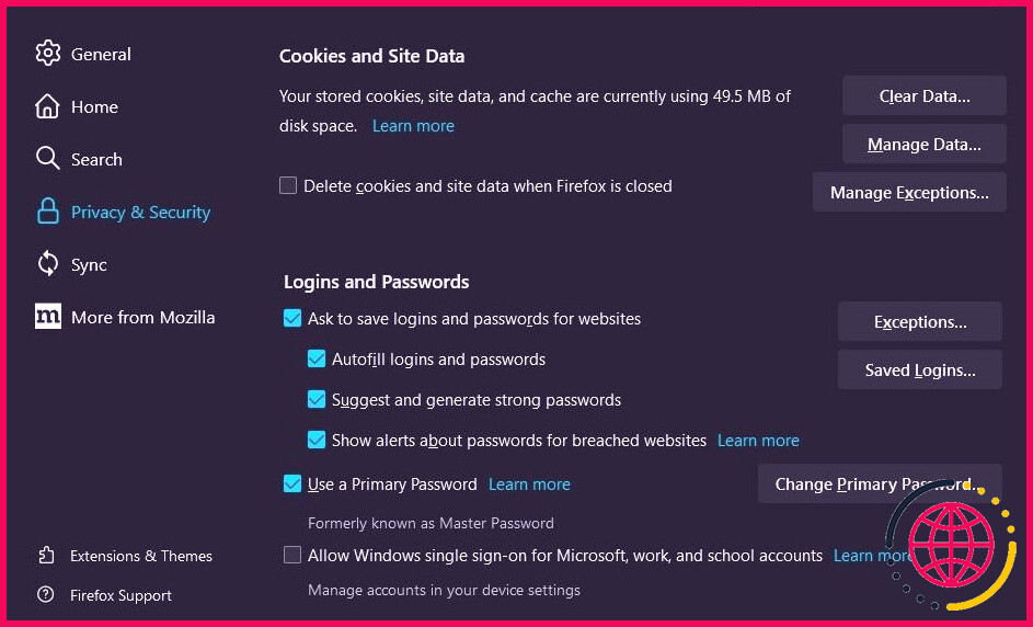 Paramètres de connexion et de mot de passe dans le navigateur Firefox