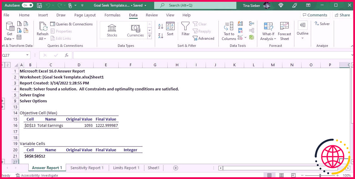 Rapport de réponse du solveur Excel