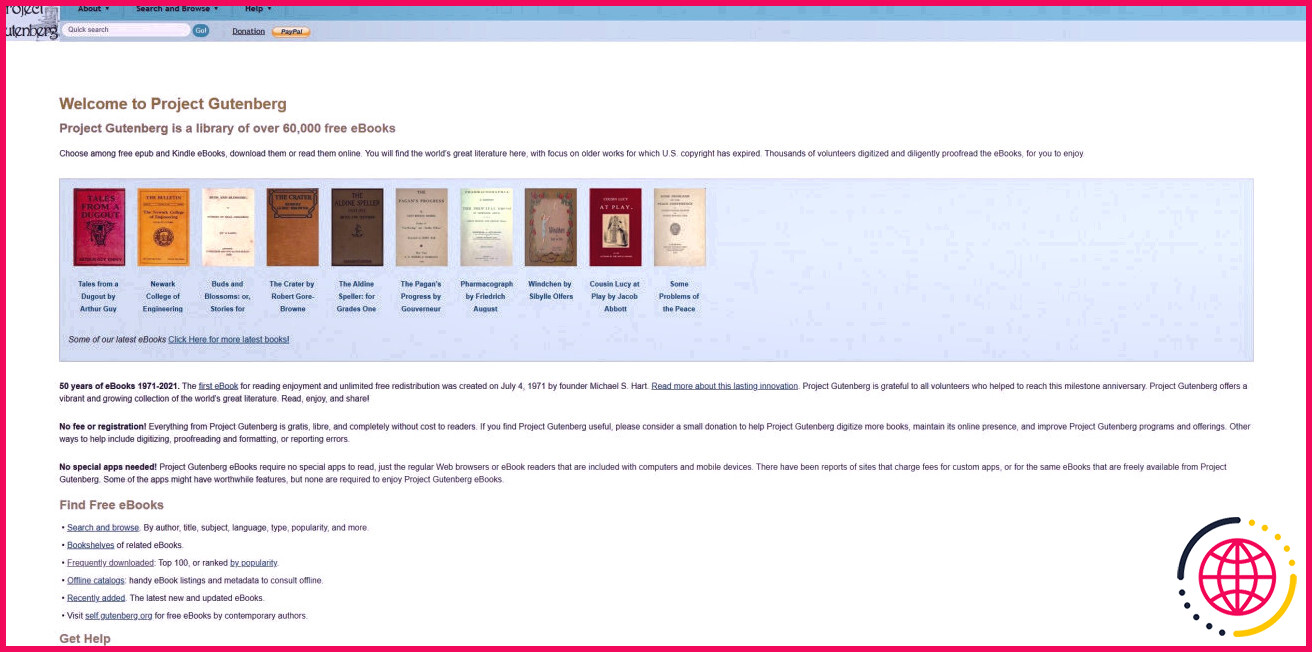 Capture d'écran montrant le site web du projet gutenberg