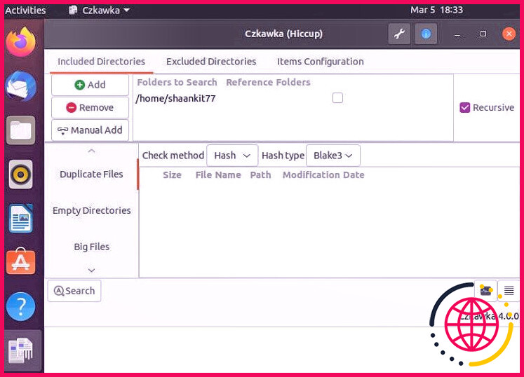 Image de l'interface utilisateur de l'outil Czkawka sur Ubuntu
