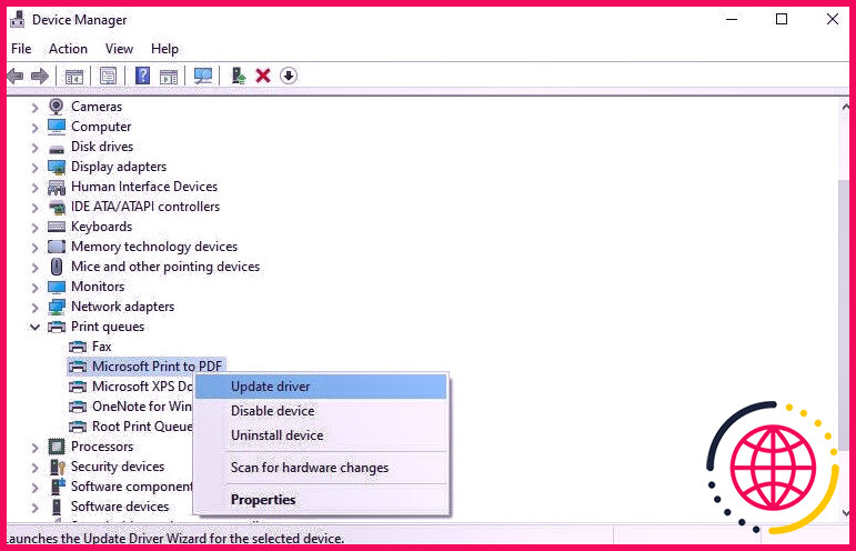 menu d'options sur le Gestionnaire de périphériques Windows