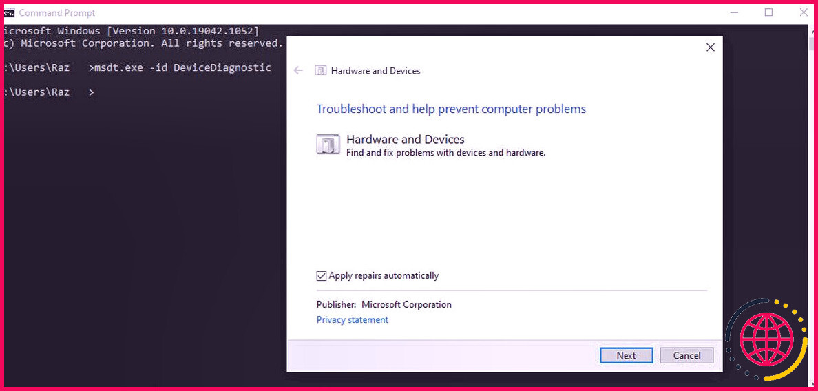 Outil de dépannage du matériel et des périphériques dans Windows 10.