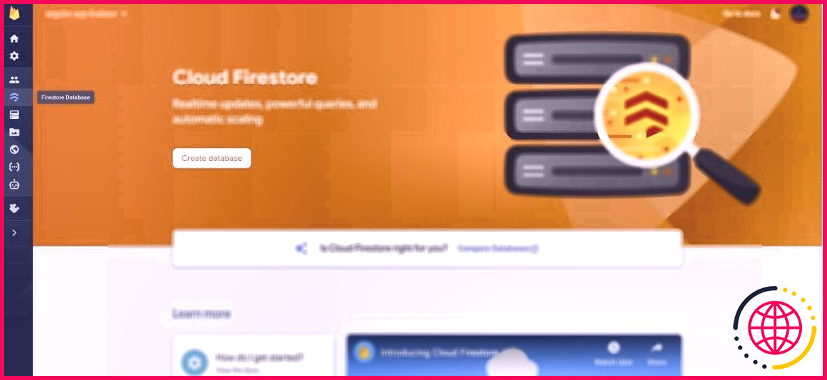 Page dans Firebase avec le bouton Créer une base de données