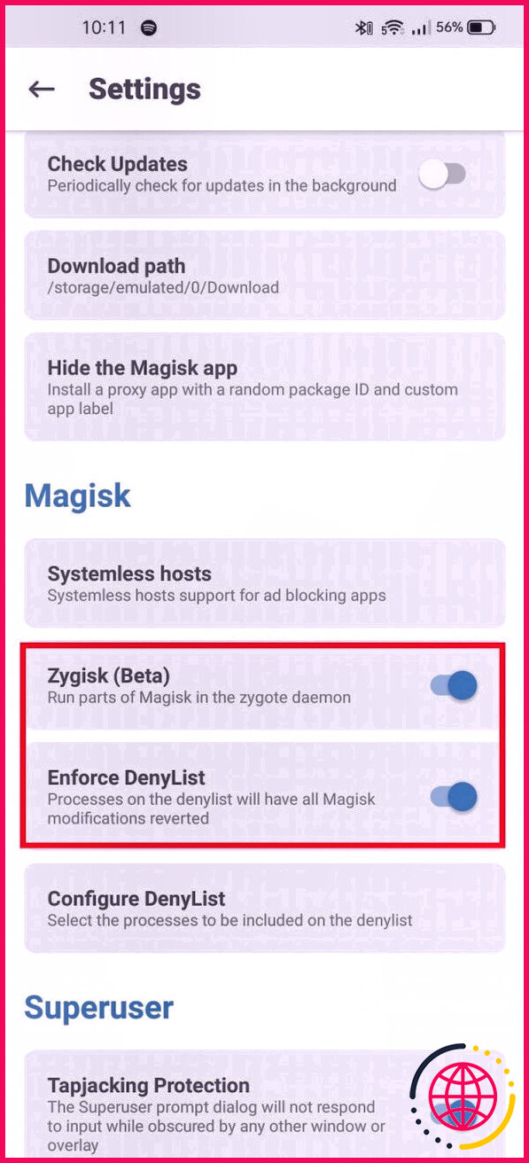 Paramètres de l'application Magisk