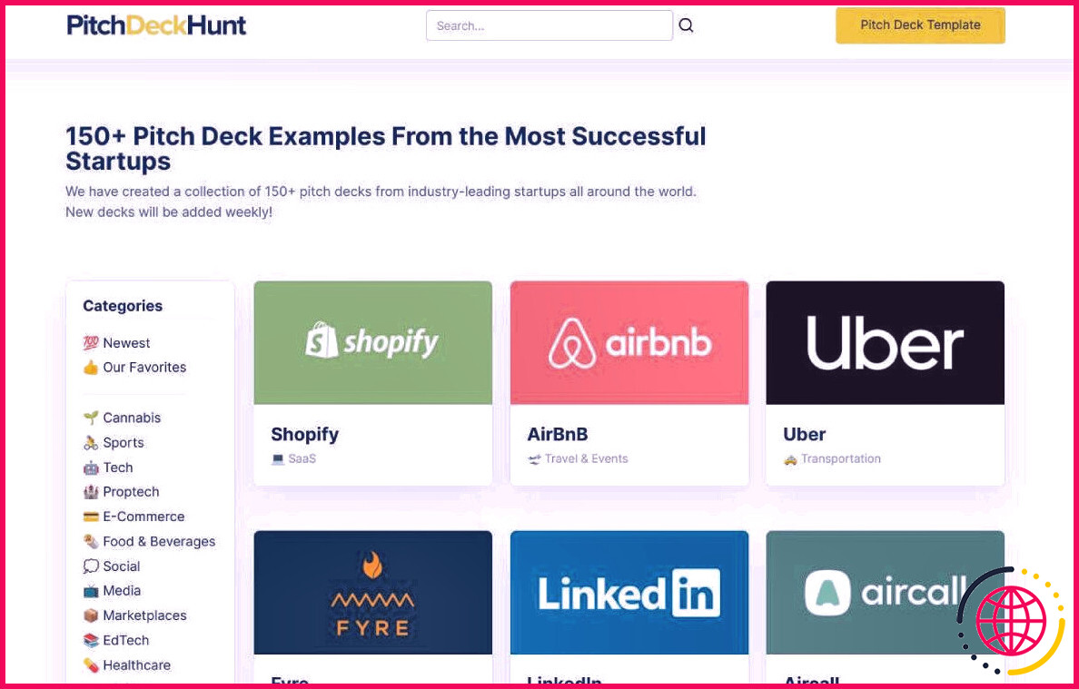 PitchDeckHunt collecte les pitch decks de plus de 150 startups, les triant par catégorie et étape de financement pour trouver rapidement ce que vous cherchez