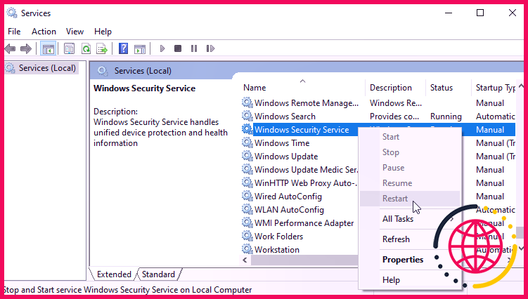 Redémarrage du service de sécurité Windows