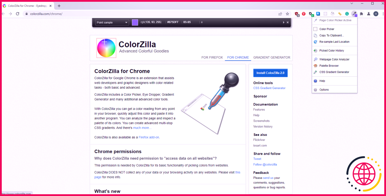 Une capture d'écran de l'extension ColorZilla en cours d'utilisation