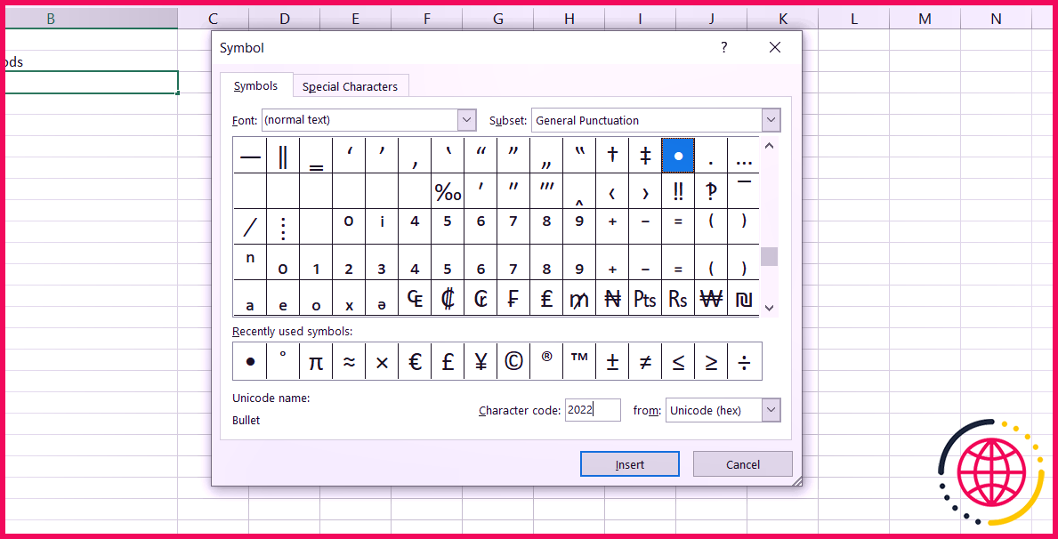 Vous pouvez également ajouter une puce à partir de la boîte de dialogue des symboles dans Excel.