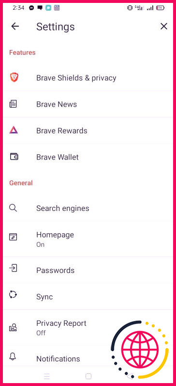 Brave Shields et paramètres de confidentialité dans Brave pour Android