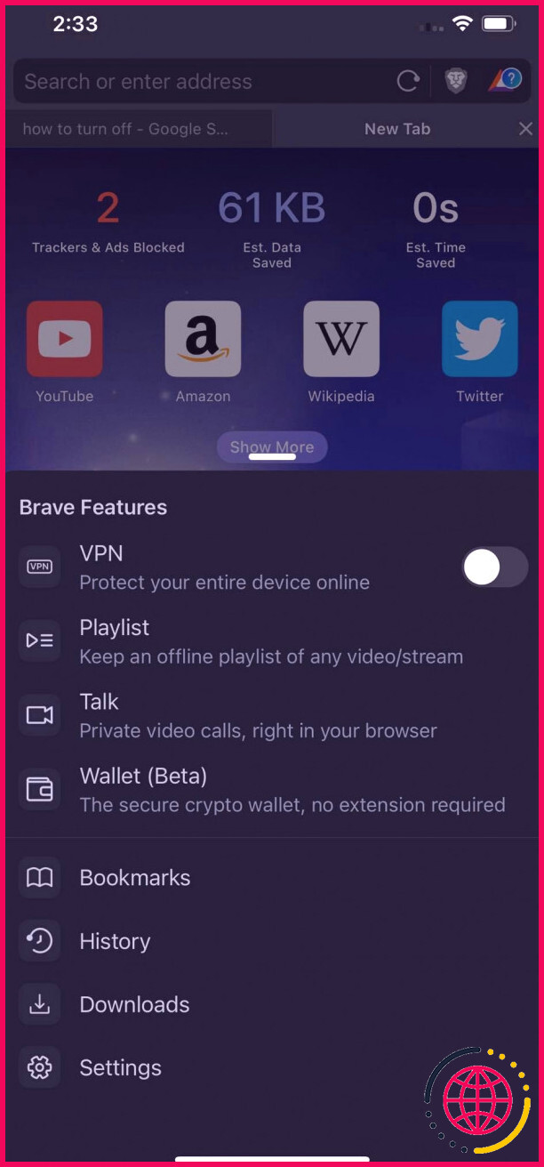 Ouverture des paramètres dans Brave pour iOS