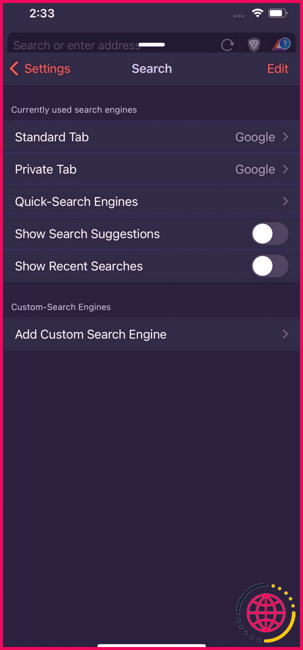 Désactivation des suggestions de recherche dans les paramètres de Brave pour iOS