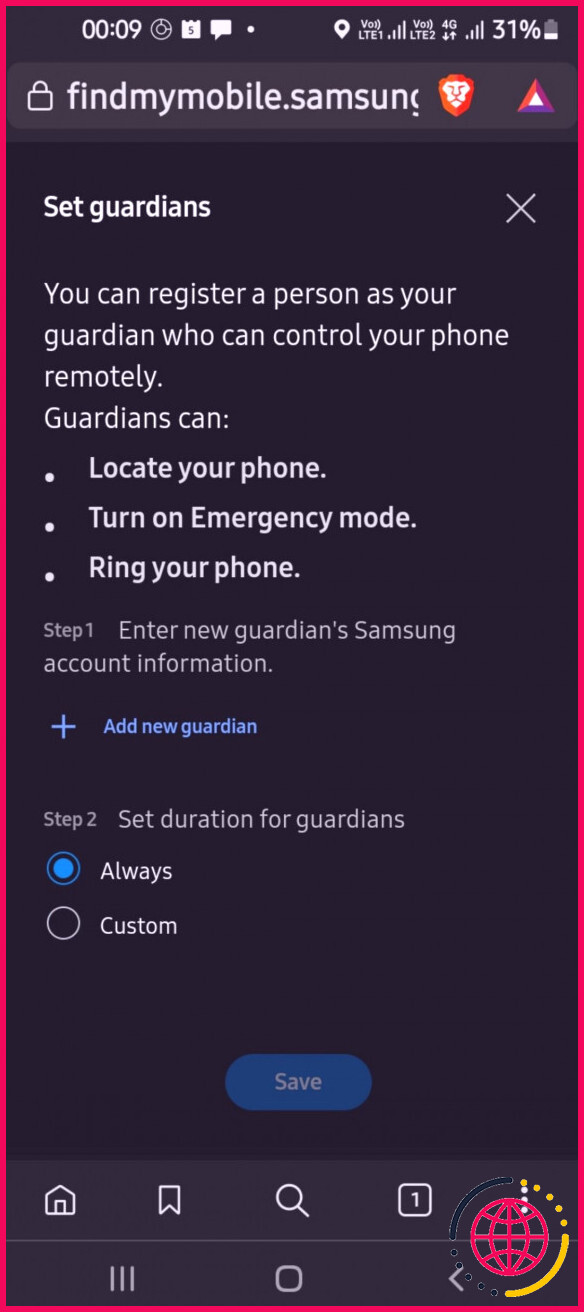 Écran de confirmation dans l'application mobile Set Guardian Samsung Find My