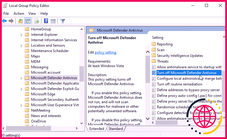 Activation de Windows Defender dans l'éditeur de stratégie de groupe local