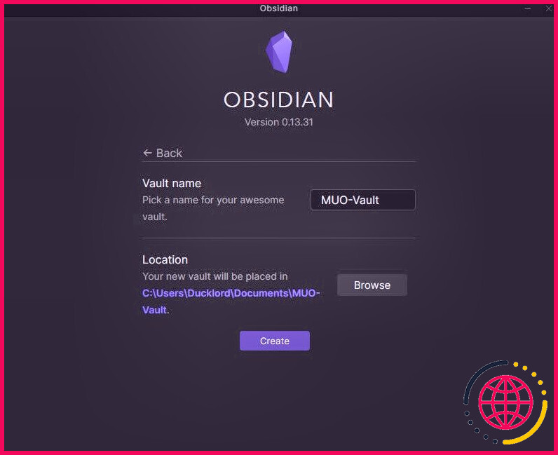 Base de données Obsidian Notes Créer un nom de coffre-fort