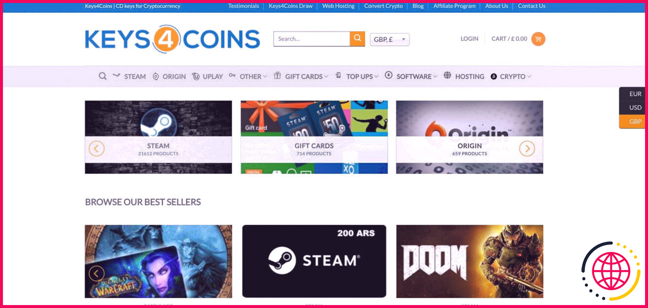 capture d'écran de la page d'accueil du site keys4coins