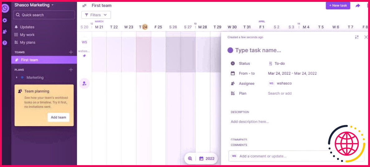 Capture d'écran de Toggl Plan montrant comment ajouter une tâche