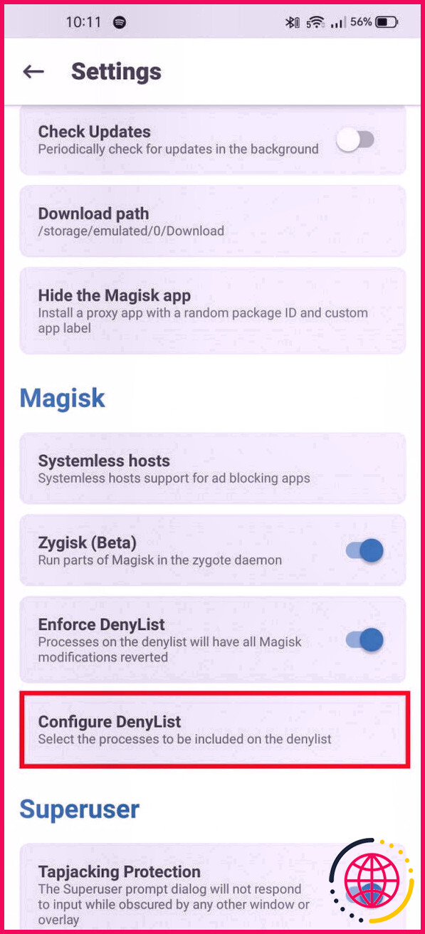 Configurer l'option DenyList dans Magisk
