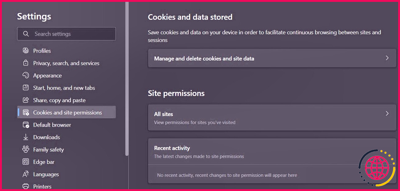 Cookies et paramètres d'autorisations de site dans les paramètres Microsoft Edge