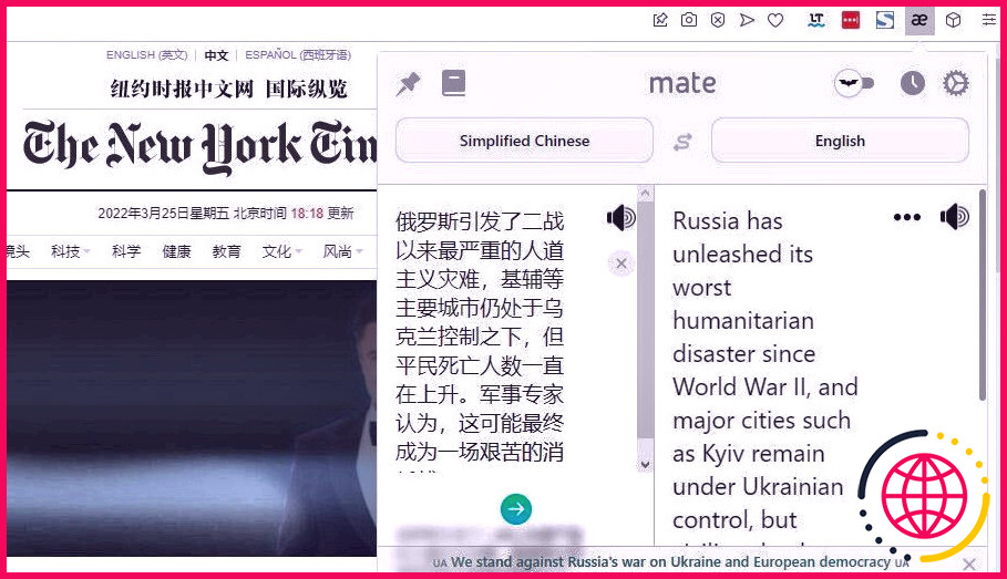 Extension MateTranslate en action Traduction du chinois vers l'anglais dans le navigateur Opera