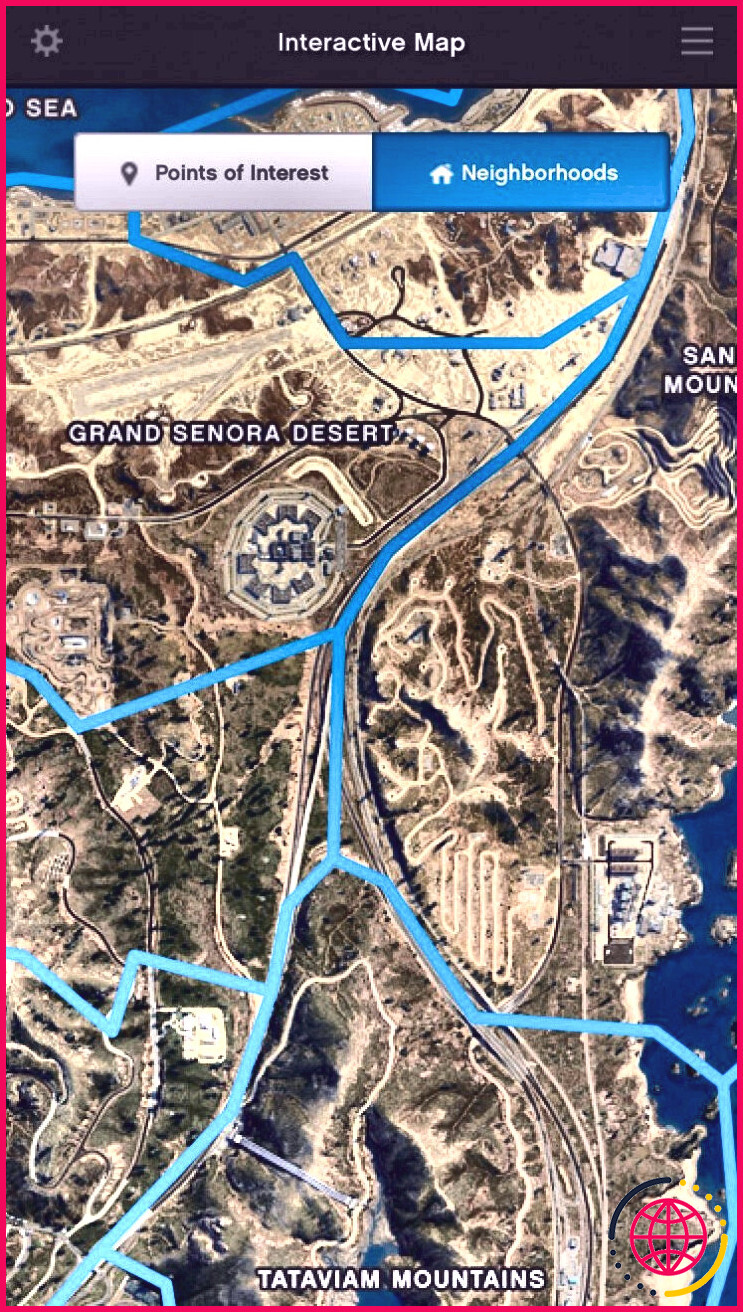La carte GTA V divisée en quartiers sur l'application iOS Grand Theft Auto V: The Manual.