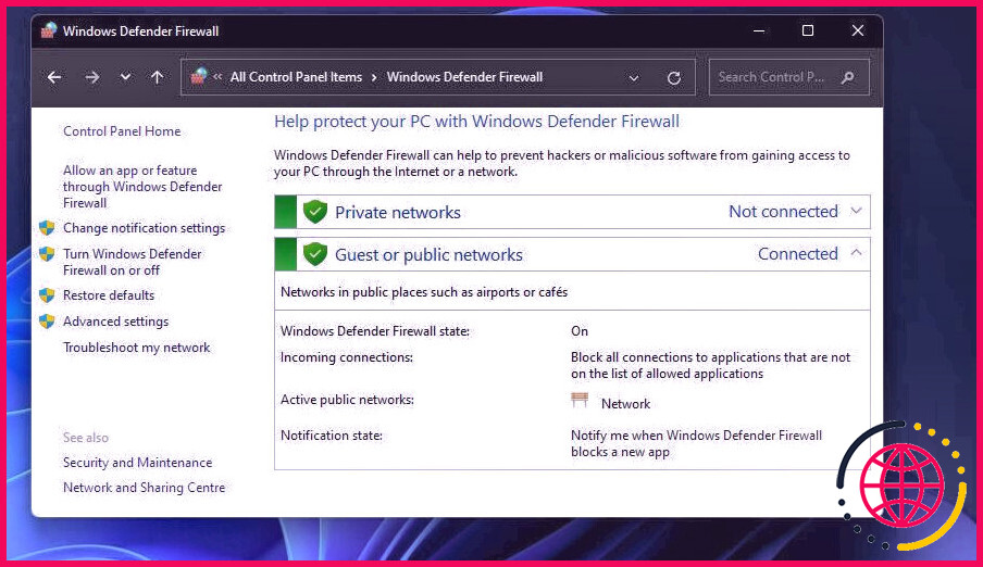 L'applet du panneau de configuration du pare-feu Windows Defender