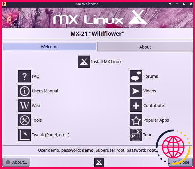 Menu de bienvenue en direct de MX Linux