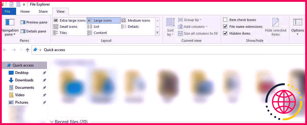 Onglet Affichage dans l'Explorateur de fichiers Windows 10.