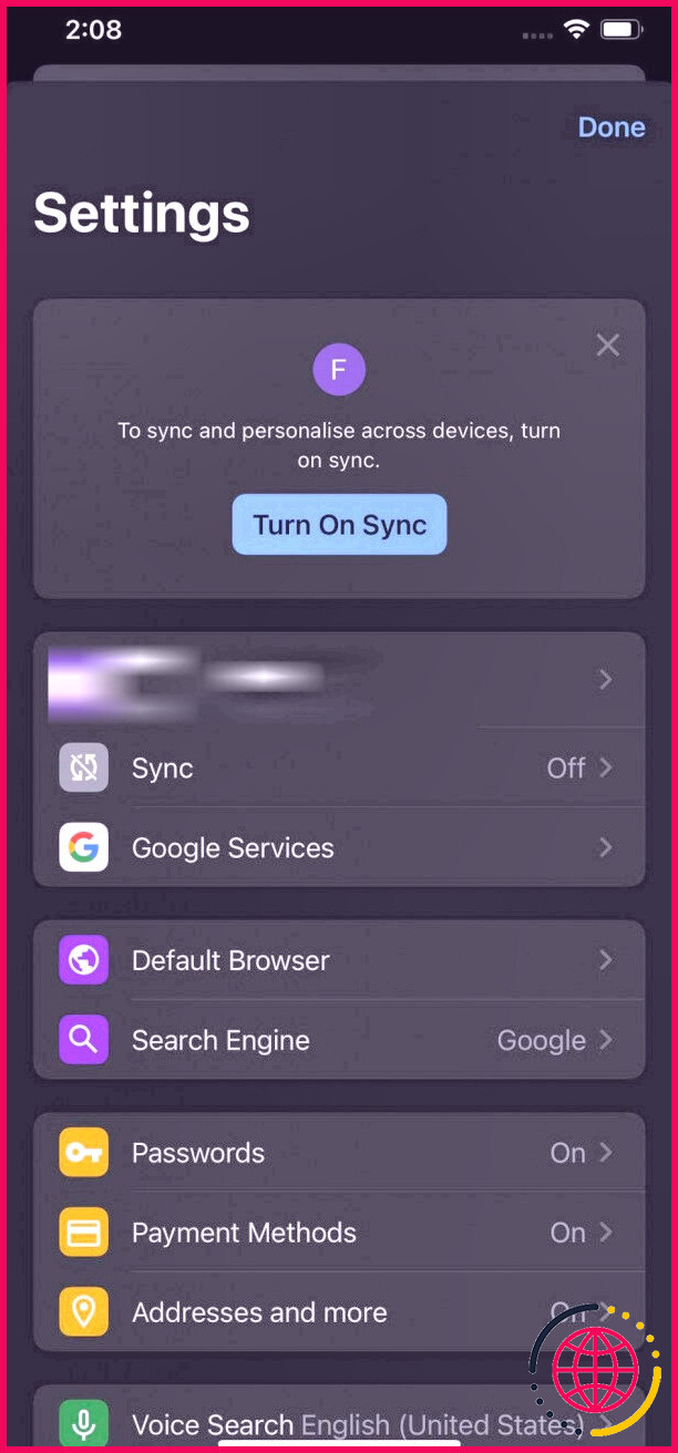 Option Google Services dans les paramètres de Chrome pour iOS