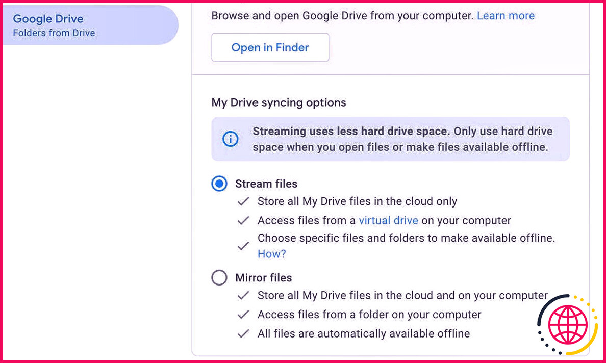 Options de synchronisation de Google Drive