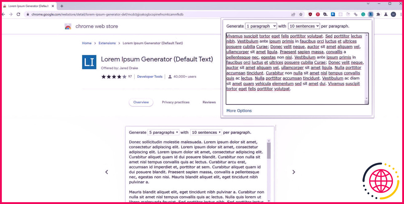 Une capture d'écran des extensions du générateur Lorem Ipsum (texte par défaut) utilisées