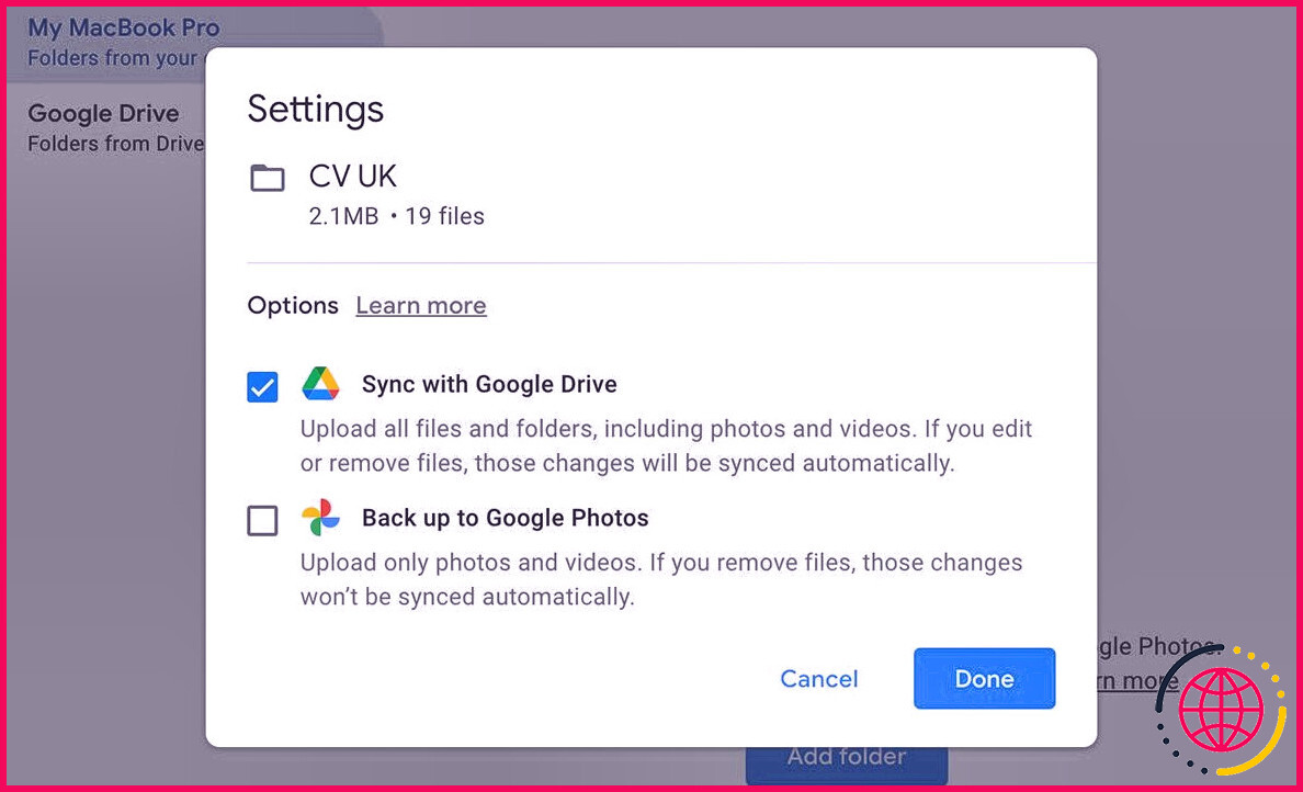 Ajouter un dossier de sauvegarde à Google Drive