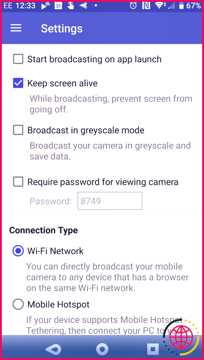 Définir les options dans l'application IP Webcam