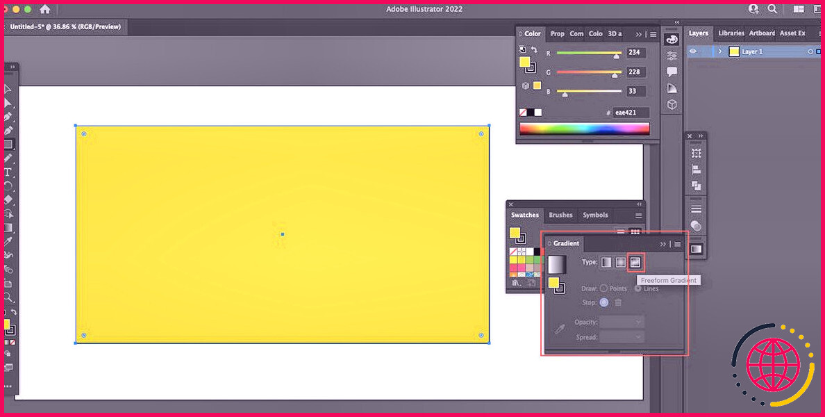 Écran Adobe Illustrator montrant la sélection de l'outil de dégradé de forme libre.