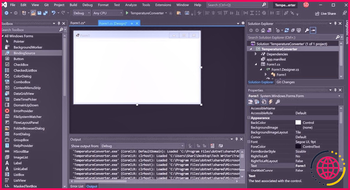 Environnement Visual Studio avec Canvas