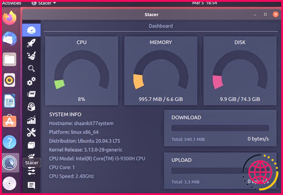 Fenêtre d'interface utilisateur de Stacer (outil graphique pour Ubuntu)